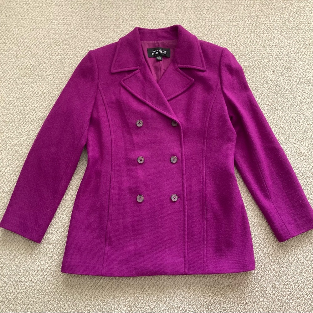 Linda Allard Ellen Tracy Magenta Peacoat 100% Wool Size 12 Coat Like New